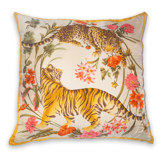 Rare Vintage Luxurious Elegant Salvatore Ferragamo Leopard & Tiger Silk Pillow | Italian Wildlife & Floral Decor | 34" x 34" x 8"
