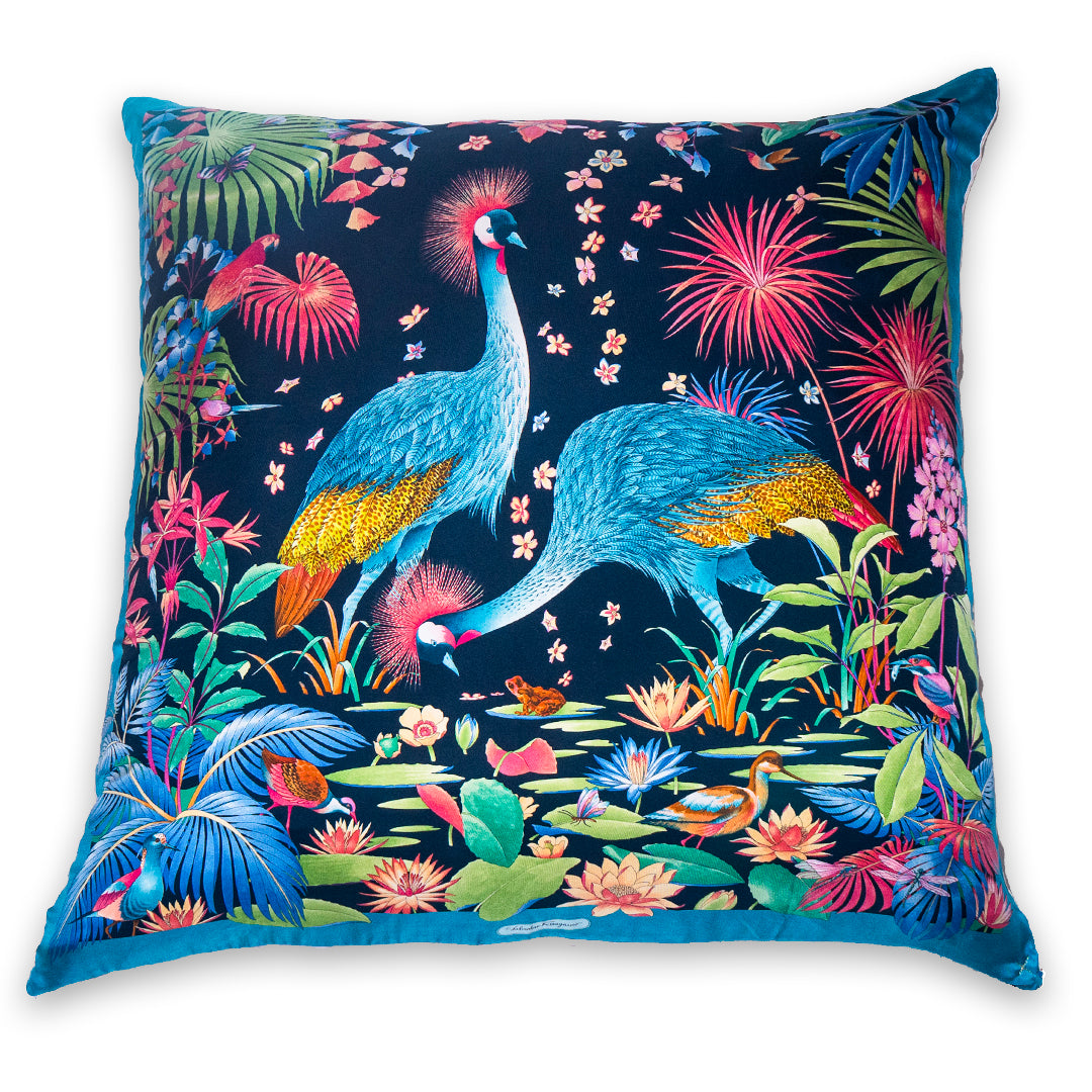 Rare Vintage Luxurious Salvatore Ferragamo Rainforest Birds Silk Designer Pillow | Italian Nature Print Decor | 34" x 34" x 8"