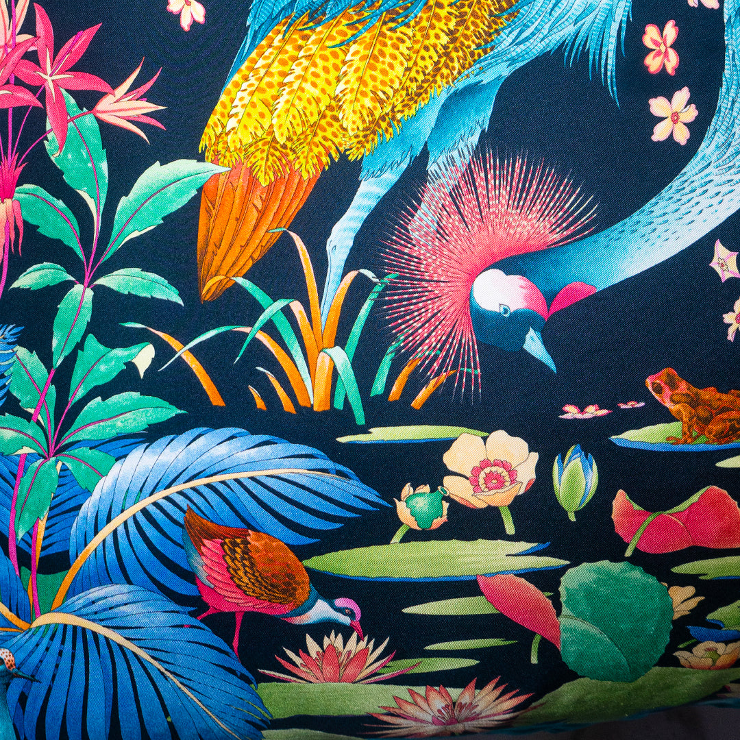 Rare Vintage Luxurious Salvatore Ferragamo Rainforest Birds Silk Designer Pillow | Italian Nature Print Decor | 34" x 34" x 8"