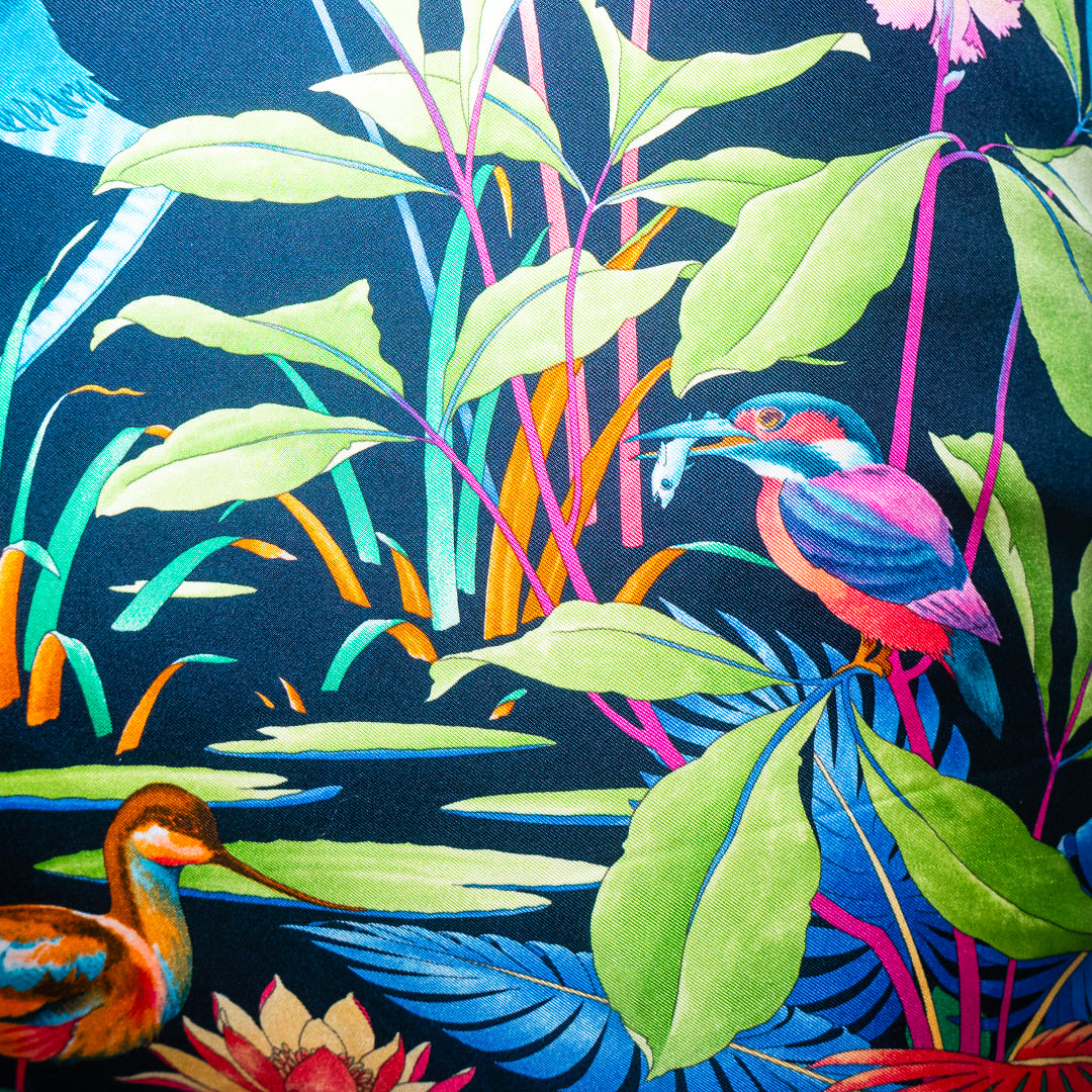 Rare Vintage Luxurious Salvatore Ferragamo Rainforest Birds Silk Designer Pillow | Italian Nature Print Decor | 34" x 34" x 8"