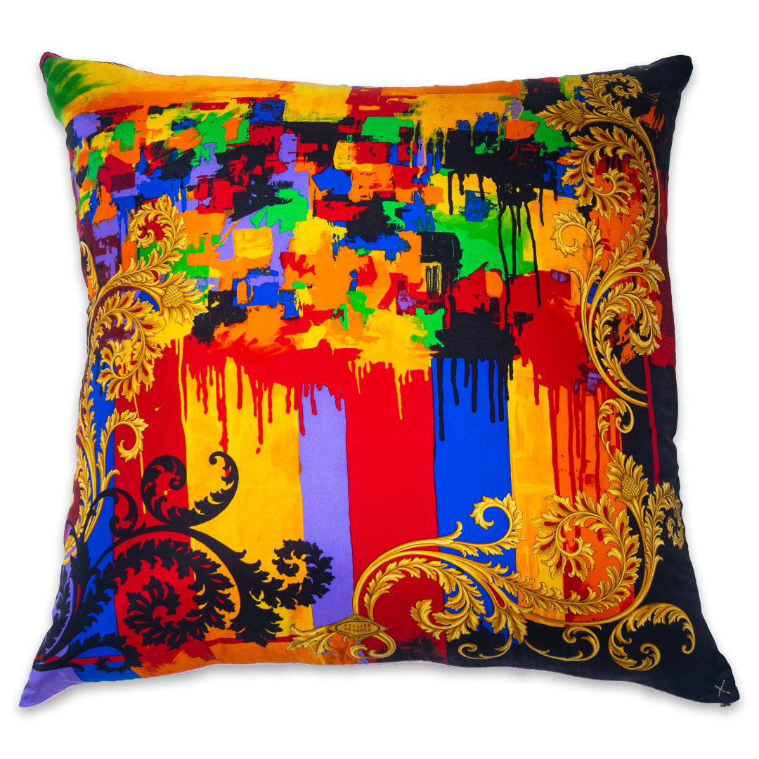 Rare Vintage Vibrant Versace Abstract Baroque Print Designer Silk Pillow | Luxurious Statement Decor | 33" x 33" x 8"